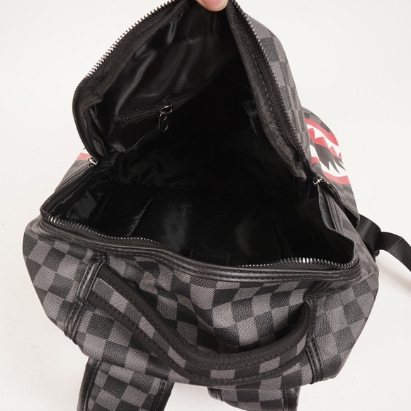 Grey Checkered Pattern Multi-Pocket Shark Teeth Graphic Leather Backpack NWOT - Picture 8 of 11